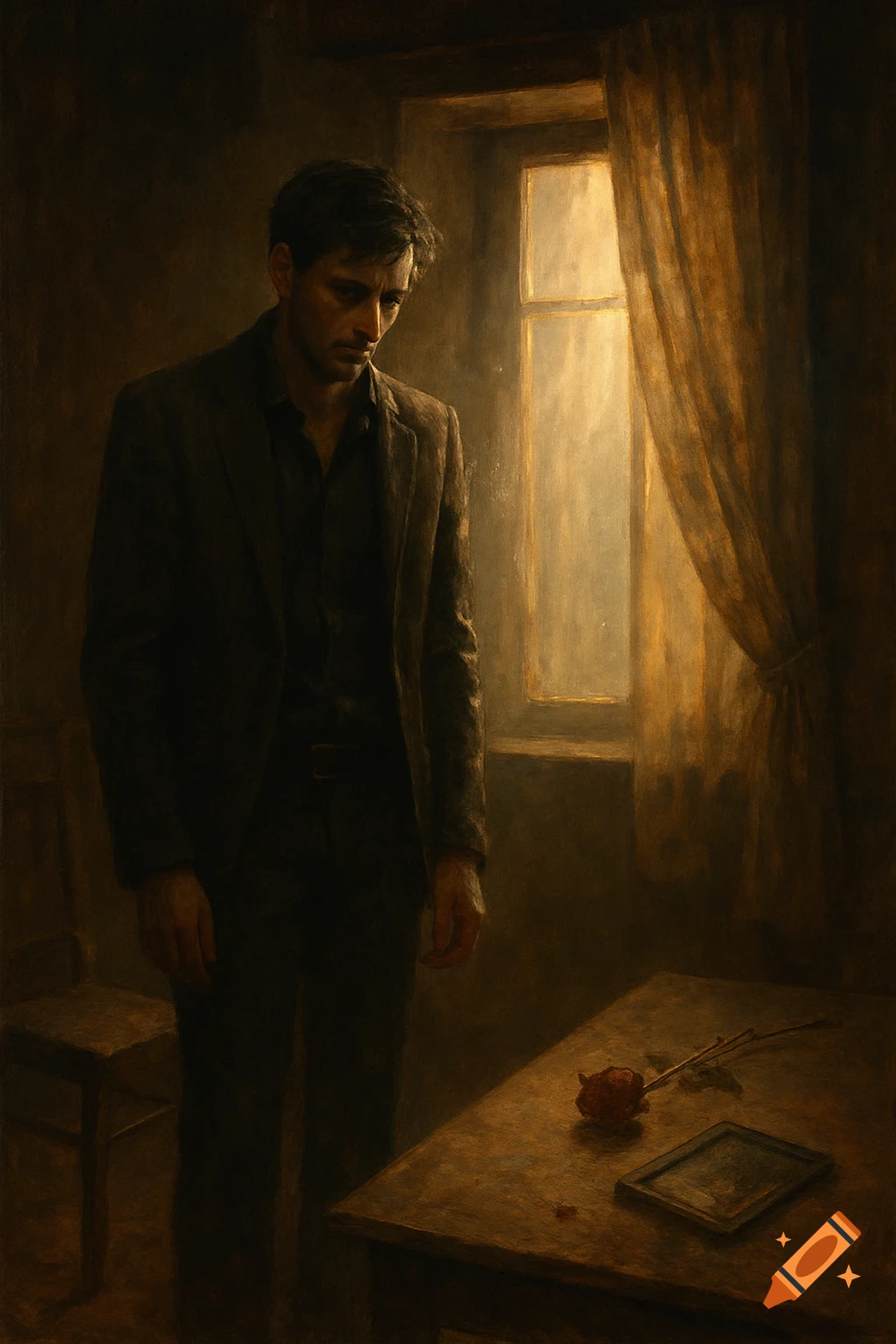 Oil painting of a sad man in a dark room by a window, a withered rose and picture frame on a table.