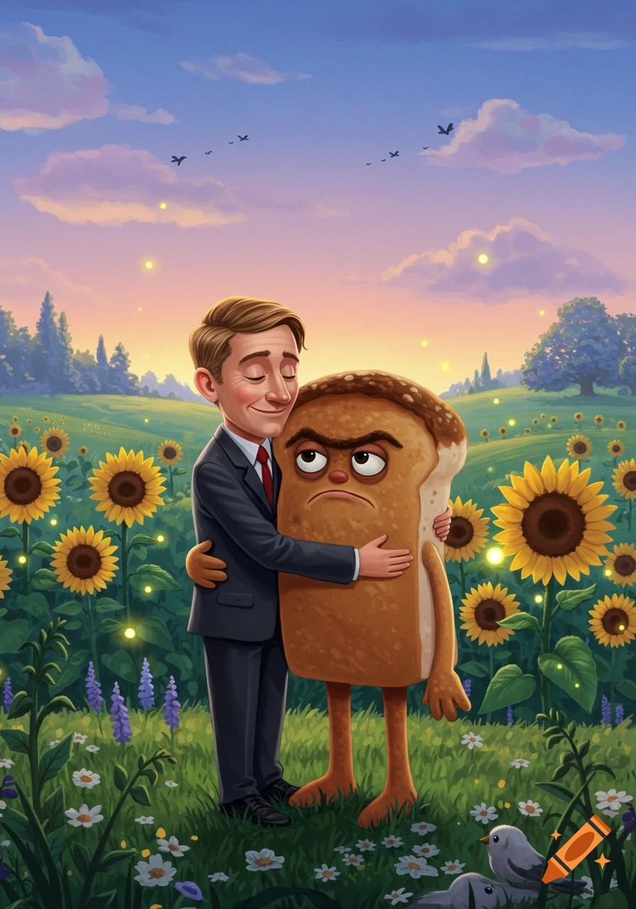 A man in a suit lovingly hugs an angry anthropomorphic bread character in a sunflower field at sunset, cartoon illustration.