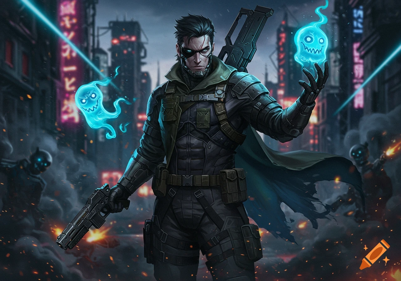 Muscular male character in tactical gear and eye mask holds a pistol and glowing blue ghost in a smoky, neon-lit cyberpunk city.