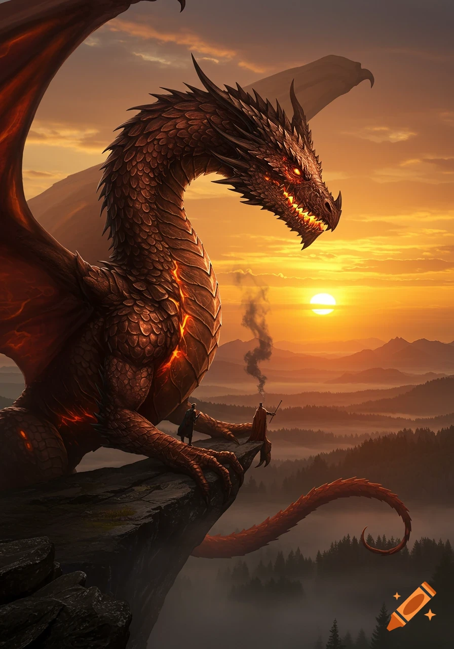 A large, fiery dragon sits on a cliff overlooking a misty forest at sunset, with two small figures near its claws.