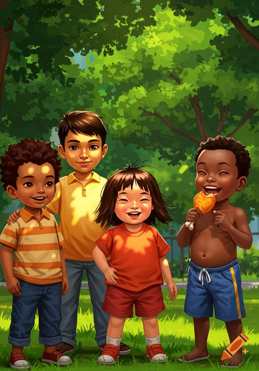 Four happy diverse children in a sunny park, one eating fried chicken, in a vibrant cartoon style.