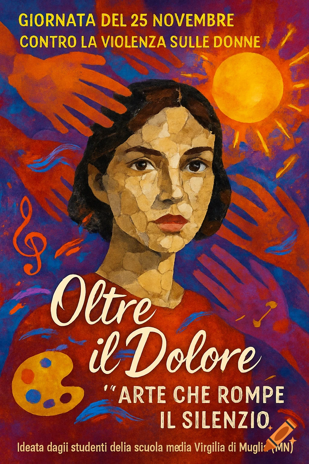 A stylized poster for a day against violence on women, featuring a mosaic-like face of a woman, with orange hands reaching, a sun, and musical notes. Text in Italian, "Beyond Pain: Art That Breaks the Silence."