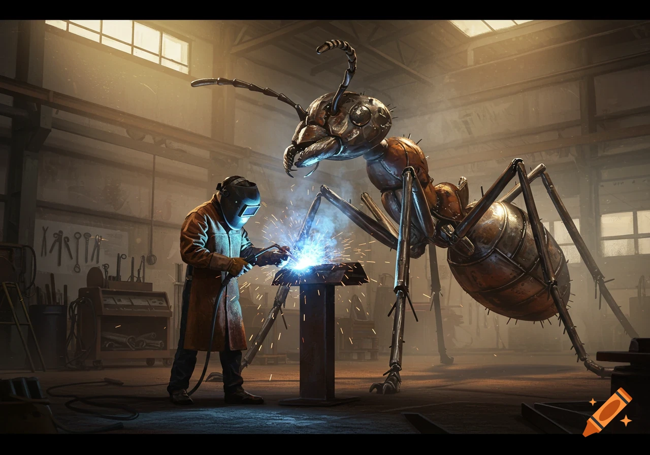 A welder in protective gear works on a metal piece, surrounded by sparks, while a giant, intricate mechanical ant stands nearby in a dim workshop.