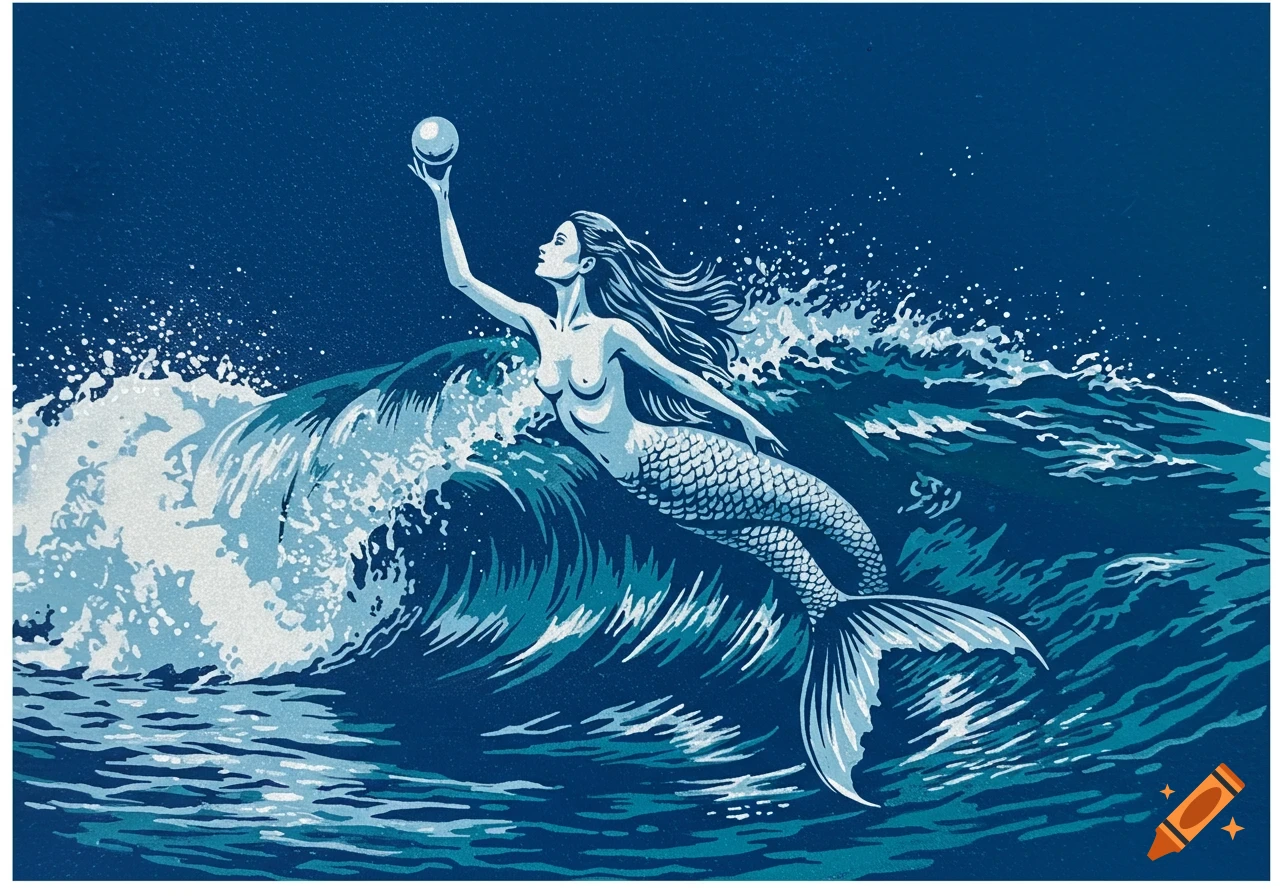 A mermaid with flowing hair stretched on a wave, holding a glowing sphere, in a blue and white stencil art style.