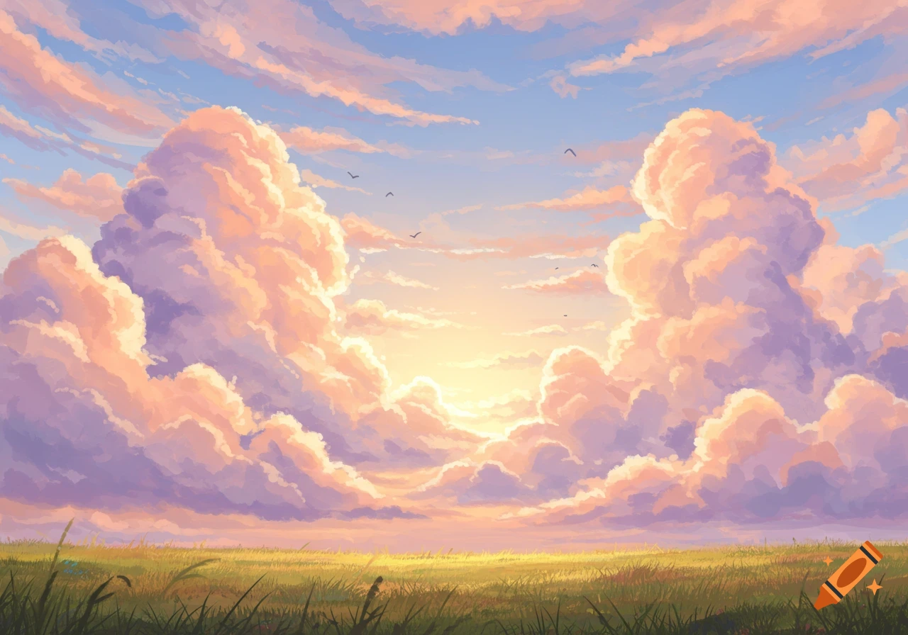 Illustrated sunset sky with large, colorful clouds over a green field and silhouetted birds.