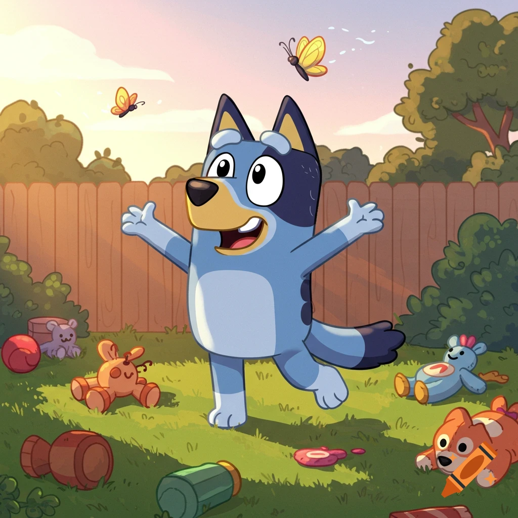 Bluey, the blue dog cartoon character, dances happily in a sunny backyard with toys and butterflies.