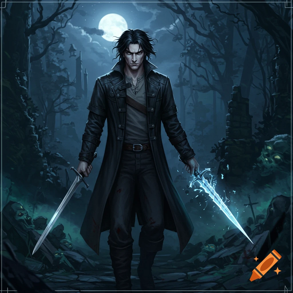 A dark-haired man in a long coat holds two swords in a gloomy forest with graves under a full moon.