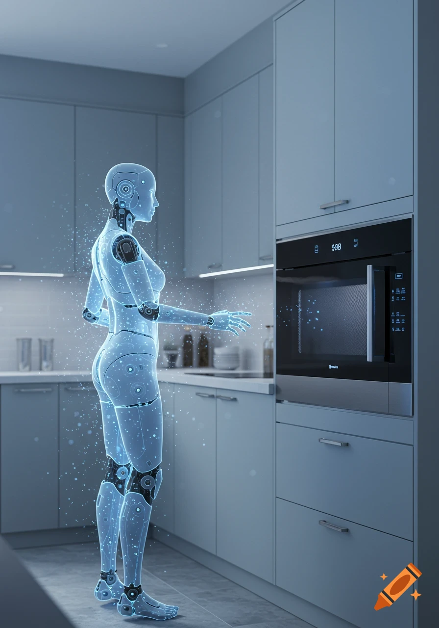 A translucent blue AI robot stands in a modern kitchen, interacting with a built-in microwave oven.