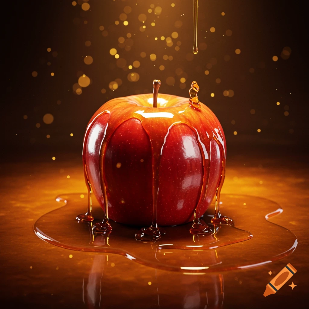 A vibrant red apple covered in dripping golden honey, with sparkling bokeh lights in a dark background.