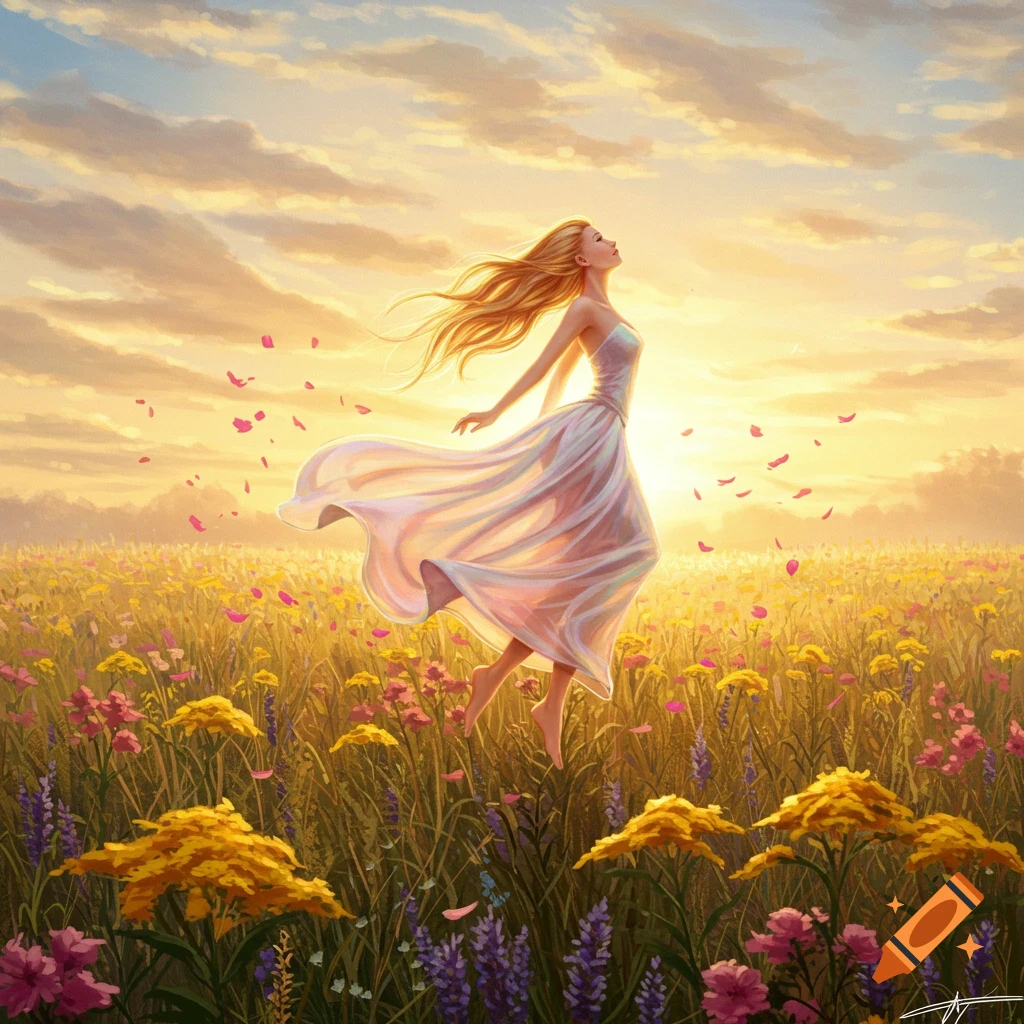 A blonde woman in a flowing white dress floats above a vibrant field of wildflowers at sunset, painted in a dreamy style.