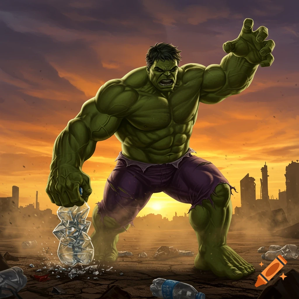 The Hulk, a green muscular giant, crushes a plastic bottle in a ruined city at sunset, in a comic art style.