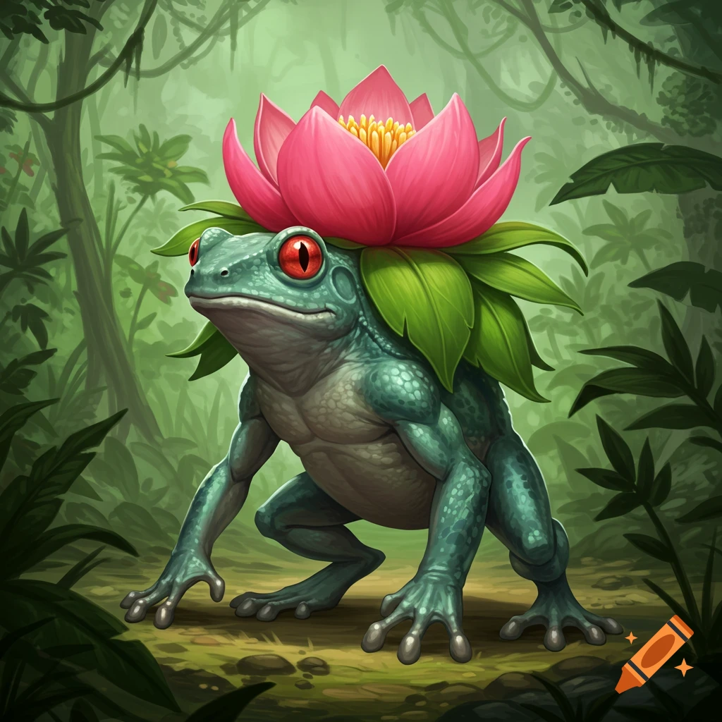 A teal-green frog-lizard creature with red eyes and a large pink lotus flower on its back stands in a lush jungle.