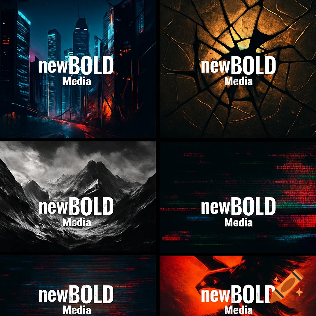 Grid of six edgy, stylized images with 'newBOLD Media' text: a cityscape, cracked earth, mountains, digital patterns, and an eagle.