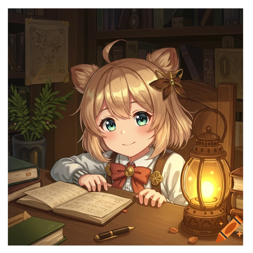 Anime-style character with cat ears reading a book by a lantern in a cozy study.