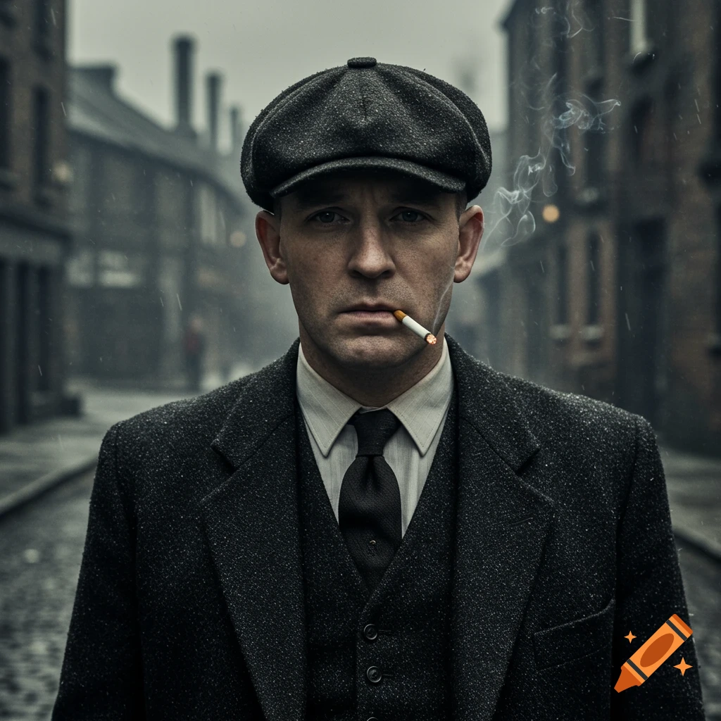 Photorealistic, moody portrait of a man in a dark 1940s suit and flat cap, smoking a cigarette on a rain-slicked street.