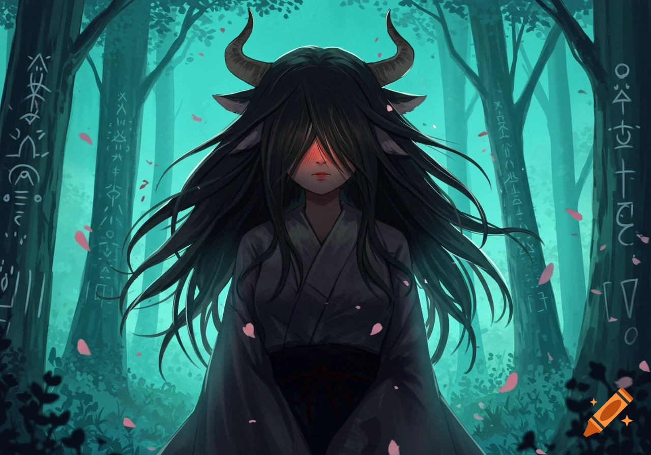 An anime girl with long black hair covering her eyes, horns, and animal ears stands in a mystical forest with glowing runes on trees.