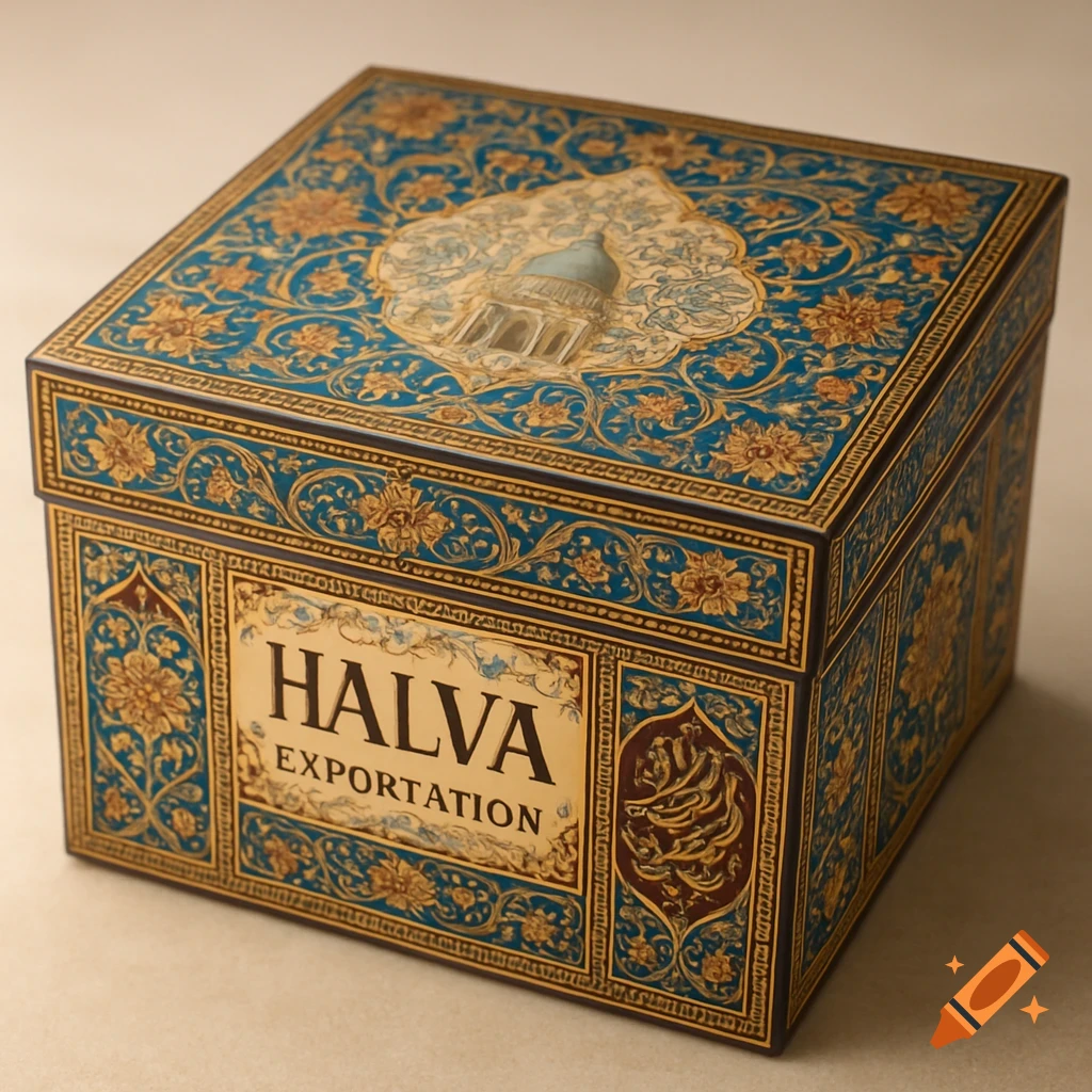 An ornate teal and gold box for halva exportation, featuring Iranian drawings and calligraphy.
