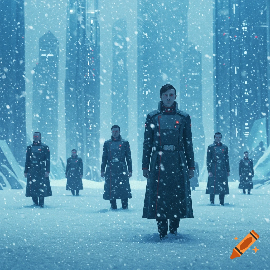 Men in dark, futuristic uniforms with red accents stand in a snowy, dystopian cityscape.