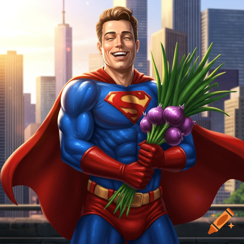 Superman happily holding a bouquet of red onions and green stalks in front of a city skyline.