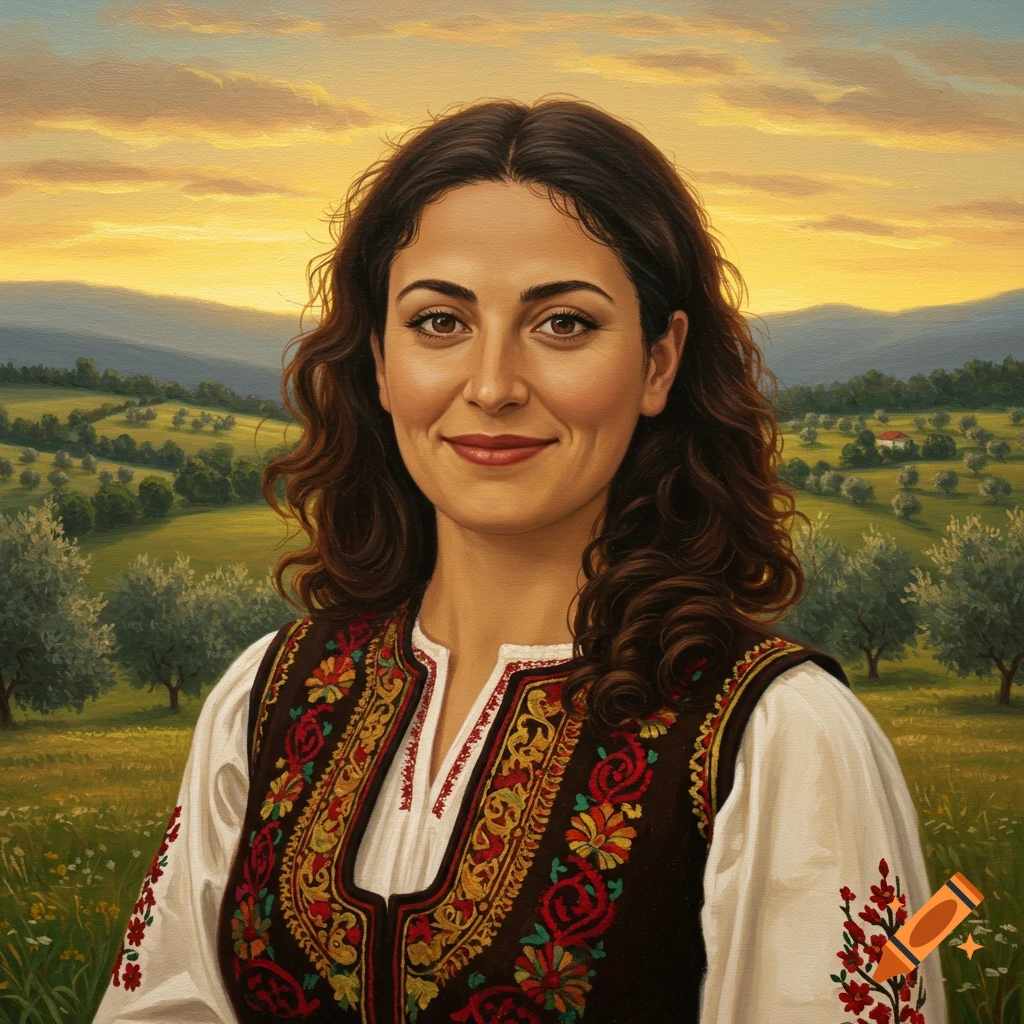 A painted portrait of a smiling woman with dark curly hair in traditional embroidered clothing, set against a golden sunset landscape with green hills and olive trees.
