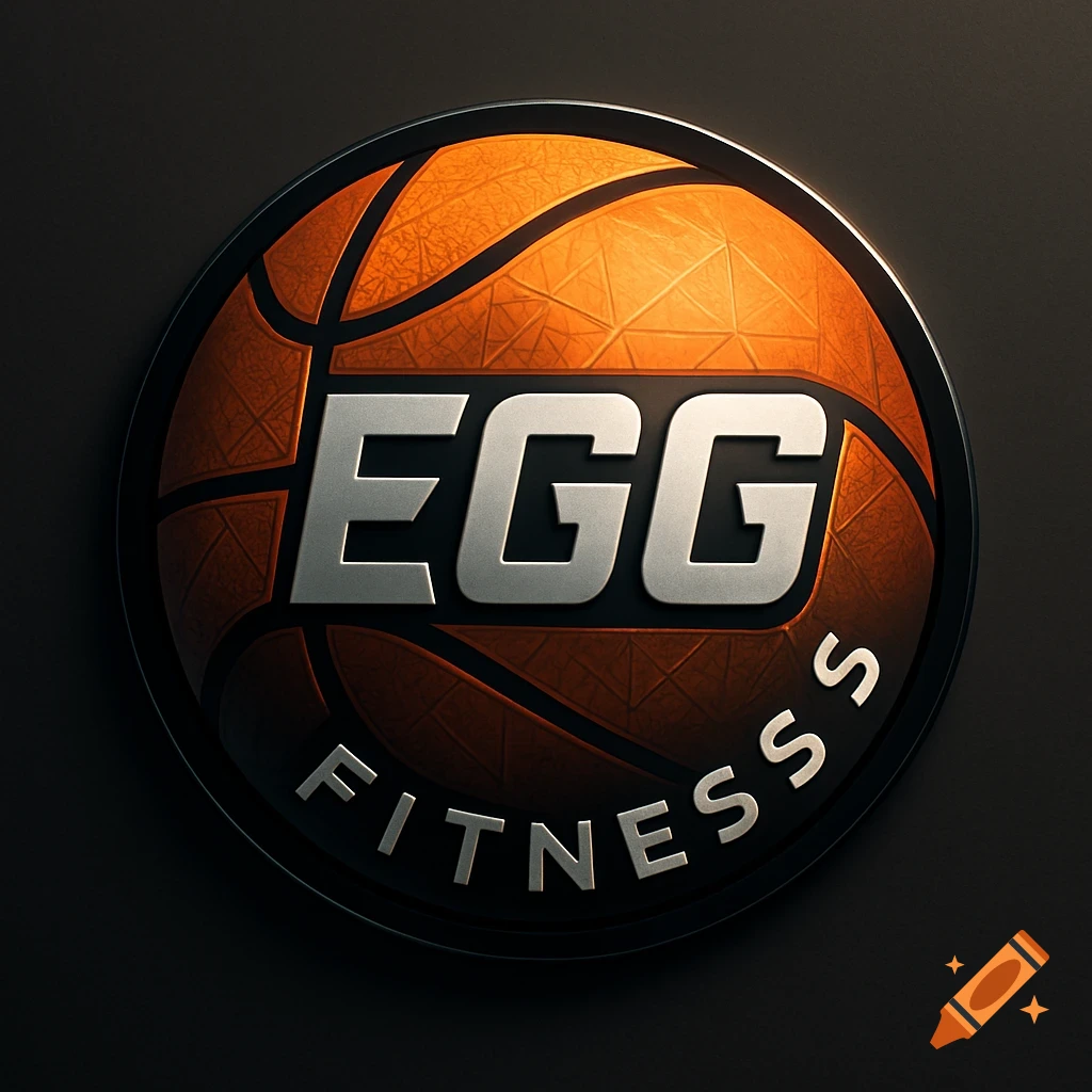 A circular logo featuring a stylized orange basketball with raised metallic silver text "EGG" in the center and "FITNESS" curved below.