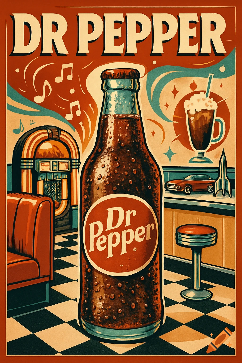 Vintage Dr. Pepper soda poster in a retro diner scene with a jukebox, booth, counter, and milkshake.