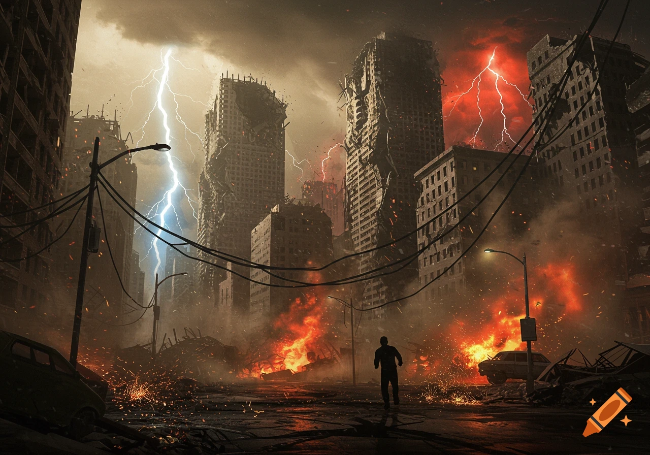 A lone figure runs through a dark, ruined city ablaze with fires and struck by lightning, depicting a post-apocalyptic disaster.
