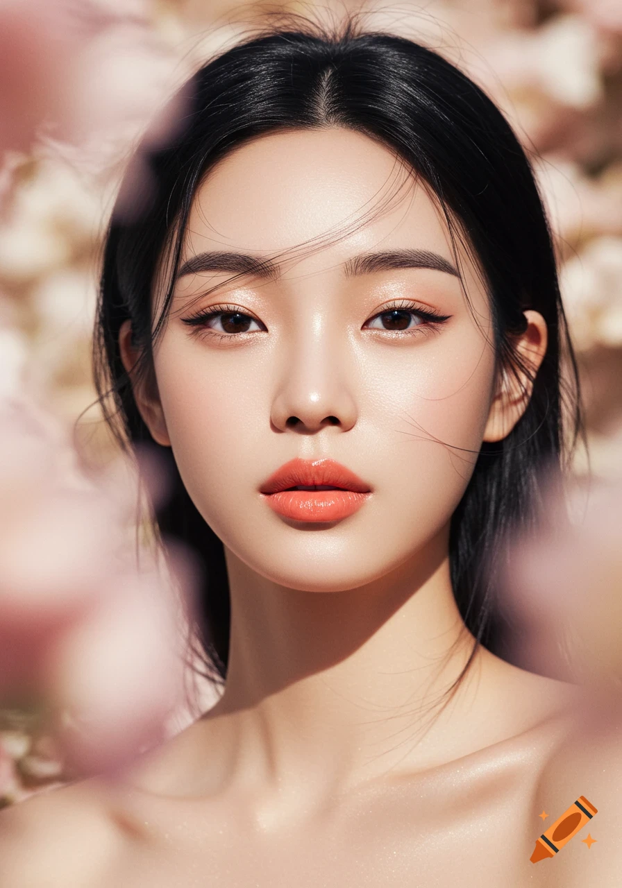 Photorealistic portrait of a young woman with dark hair, bare shoulders, and coral lipstick, against a soft pink floral background.