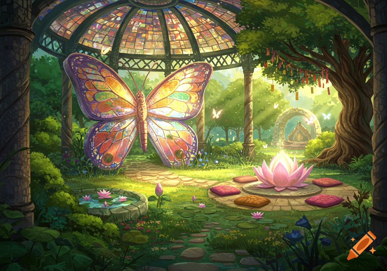 A colorful stained-glass butterfly sculpture in a magical garden with a domed gazebo, lotus pond, and wishing tree.