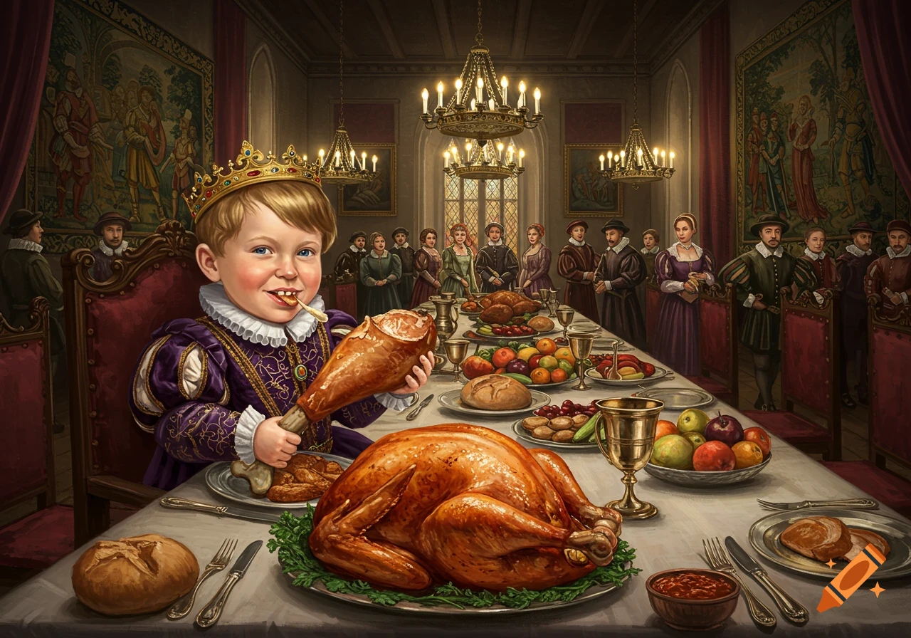 A young boy in a royal purple robe and crown eats a turkey leg at an opulent historical banquet.