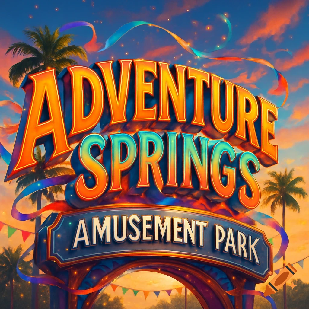 Vibrant, colorful sign for 'Adventure Springs Amusement Park' at sunset with palm trees and ribbons.