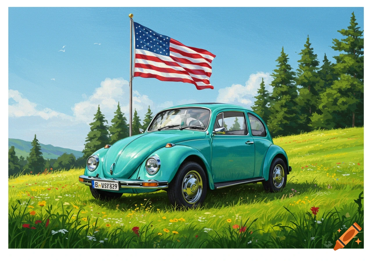 A teal classic VW Beetle is parked in a vibrant green meadow with wildflowers. An American flag waves on a pole behind it, with pine trees and distant mountains under a clear blue sky, in a painterly style.