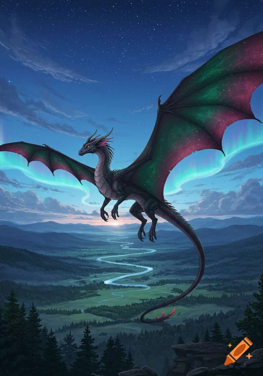 A black dragon with starry wings flies over a green valley and winding river, under a night sky with the aurora borealis.