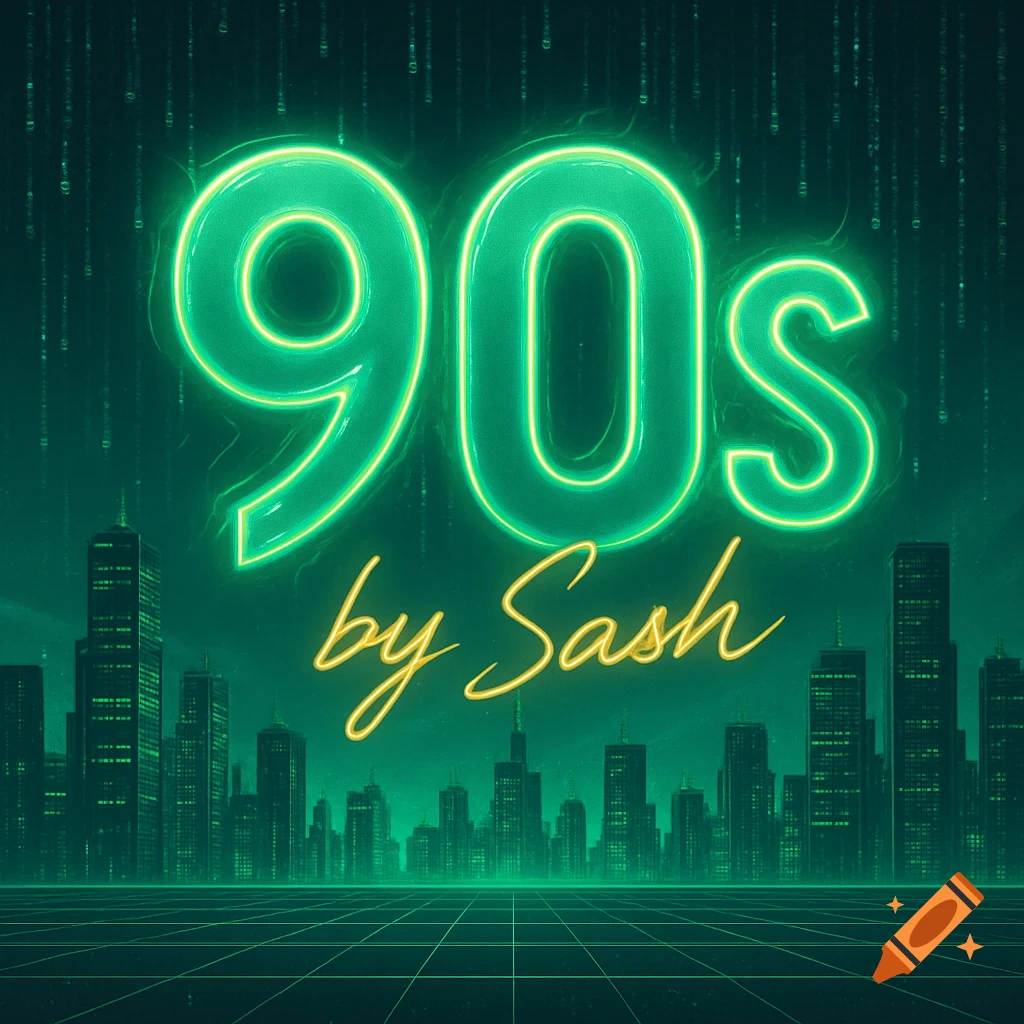 Green neon '90s by Sash' text over a retro-futuristic cyberpunk city skyline with cascading Matrix code.