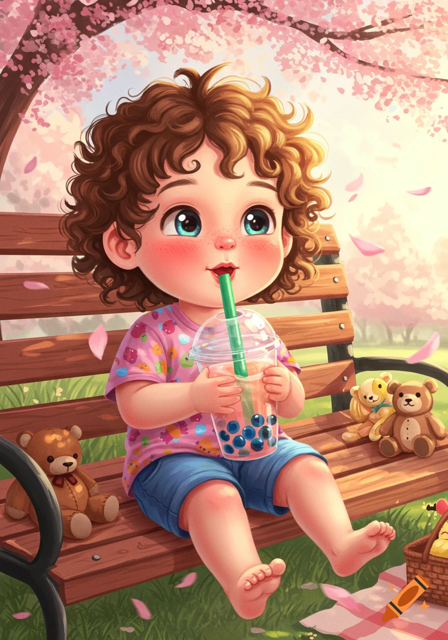 Cute cartoon child with curly hair drinking boba tea on a park bench surrounded by falling cherry blossoms and teddy bears.