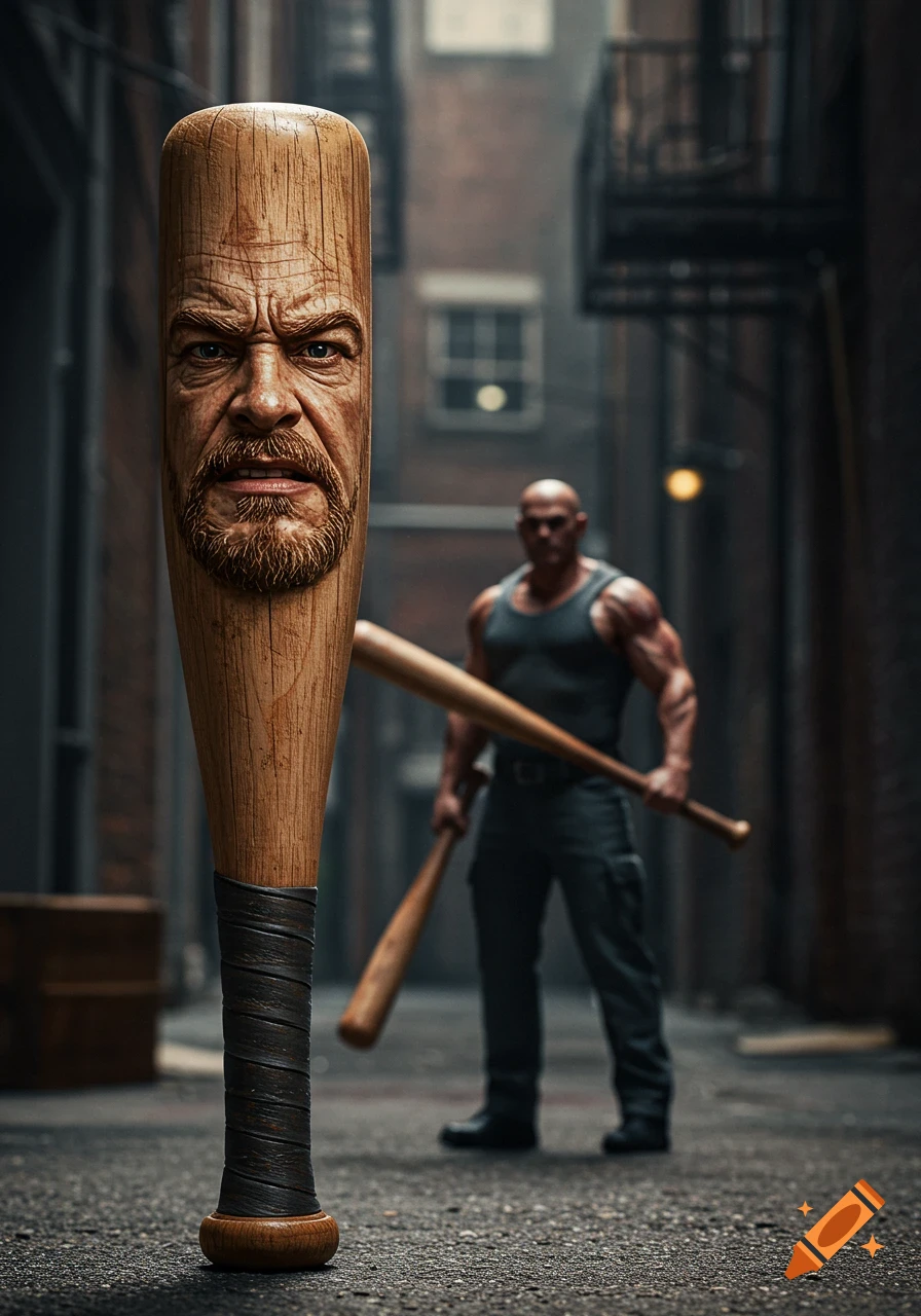 A detailed wooden baseball bat with a carved angry man's face on its barrel stands in an alley, with a muscular man holding bats blurred in the background.