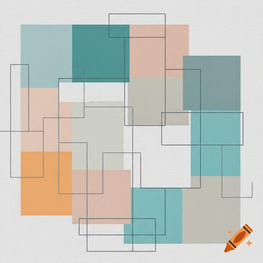 Abstract design with overlapping teal, orange, pink, and grey squares intersected by black lines on a textured white background.