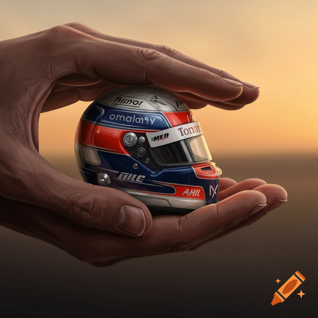 Large hands cradle a miniature F1 helmet with red, white, and blue details against a blurred sunset background.