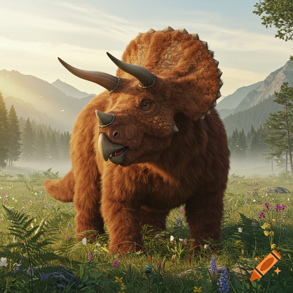 A photorealistic furry triceratops with ears and lips stands in a wildflower field, mountains and pine trees in the background.
