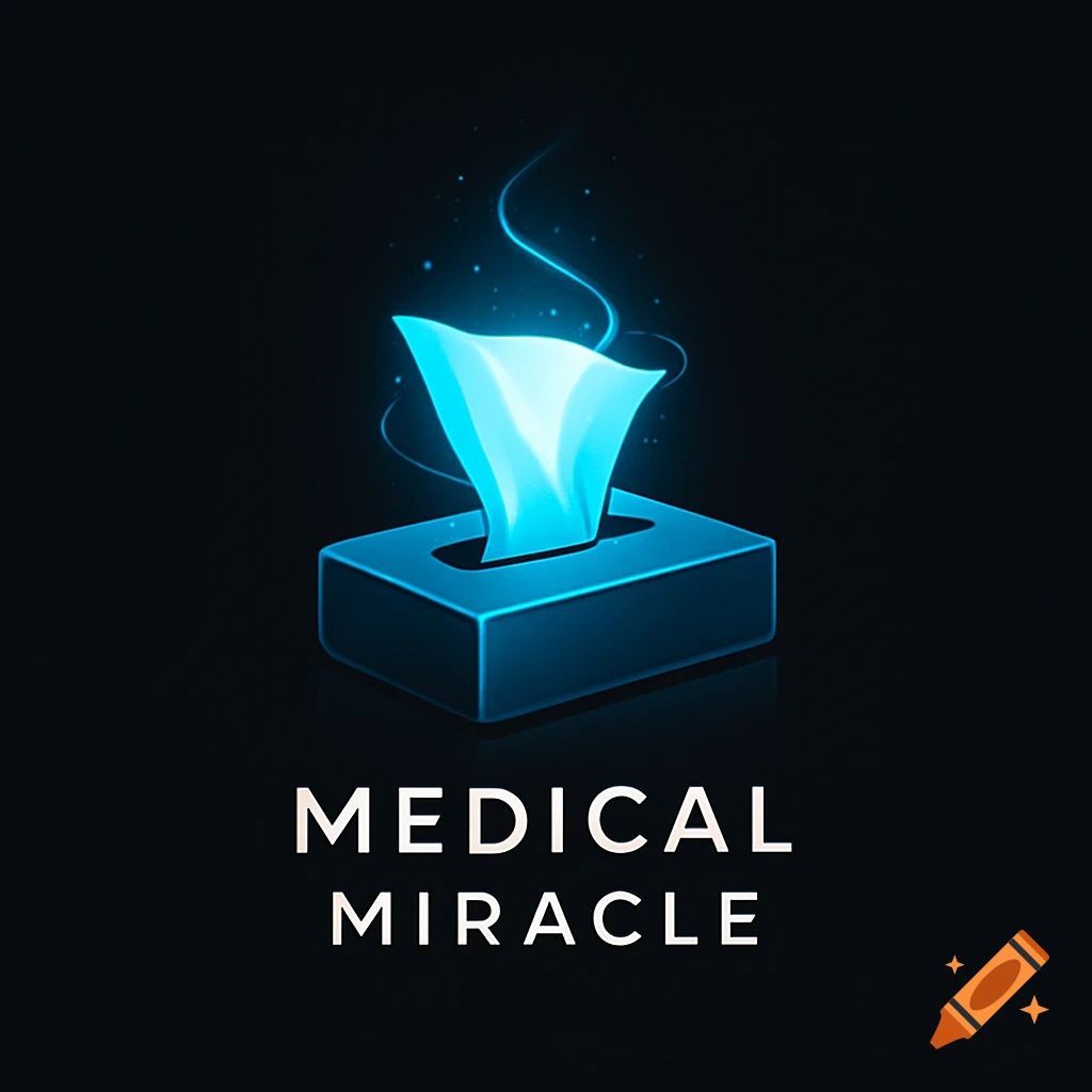 A stylized graphic logo of a dark blue tissue box with a glowing light blue tissue emitting particles, text reads 'MEDICAL MIRACLE'.