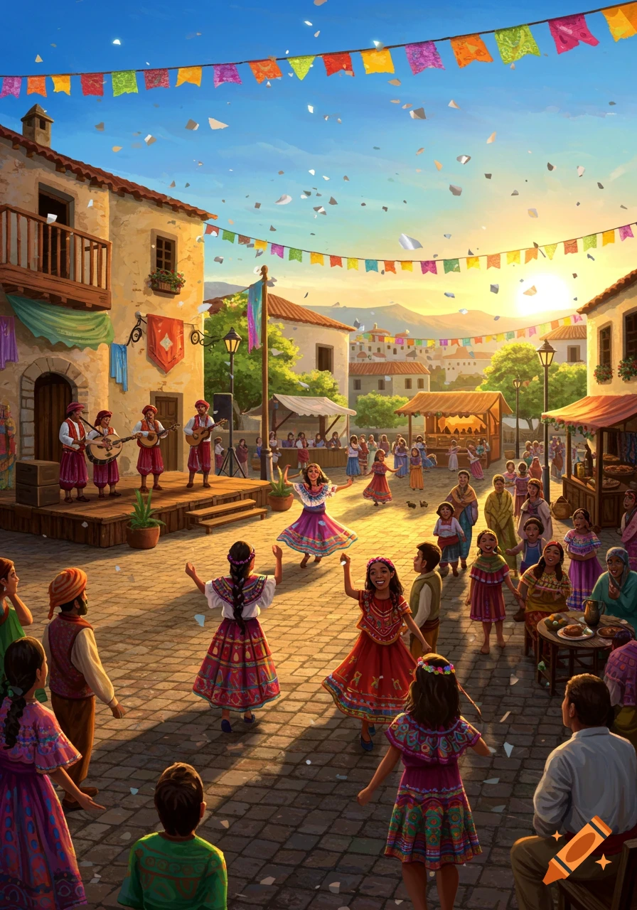 Vibrant illustration of a lively cultural festival in a village square at sunset, with people dancing, a band playing, and colorful banners.