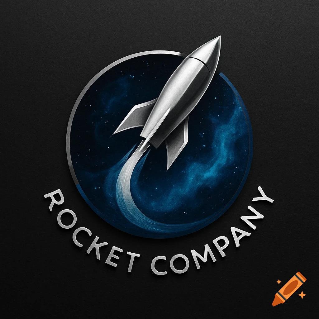 Sleek silver rocket logo with blue nebula background and 'ROCKET COMPANY' text.