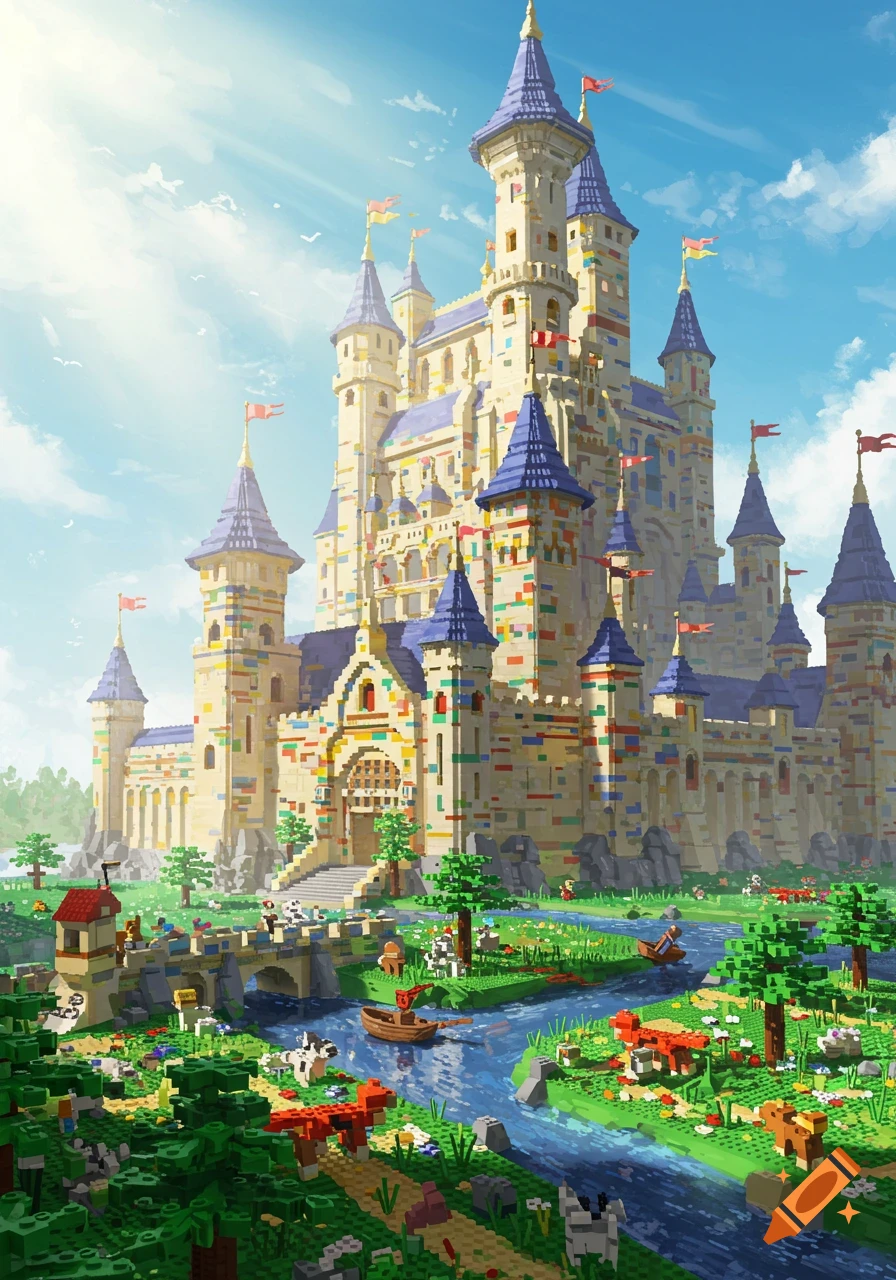 A vibrant, colorful Lego castle with blue roofs stands in a lush green landscape with a winding river and trees.