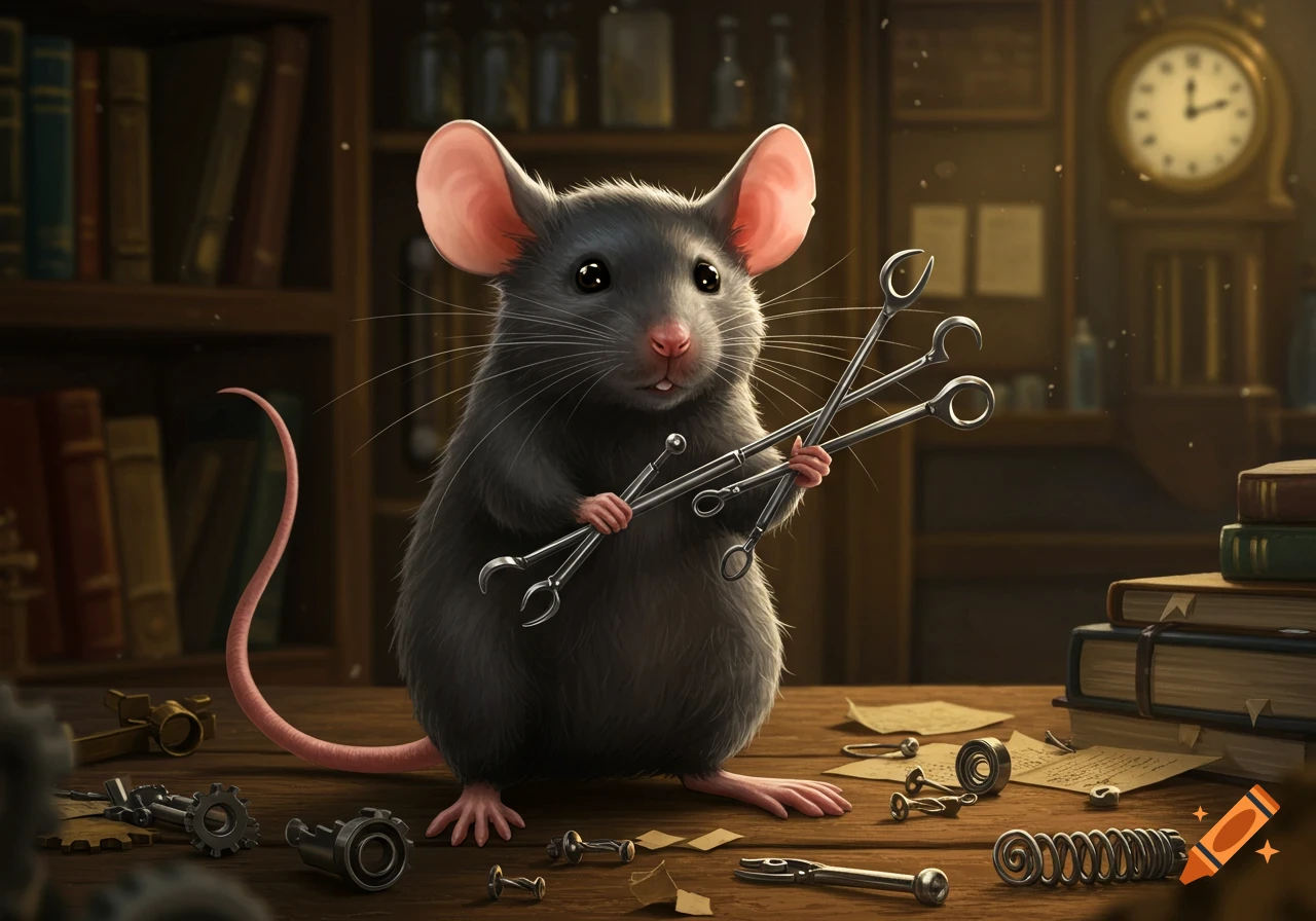 An adorable house mouse holding an assortment of tiny tools on a wooden table in a dimly lit library.