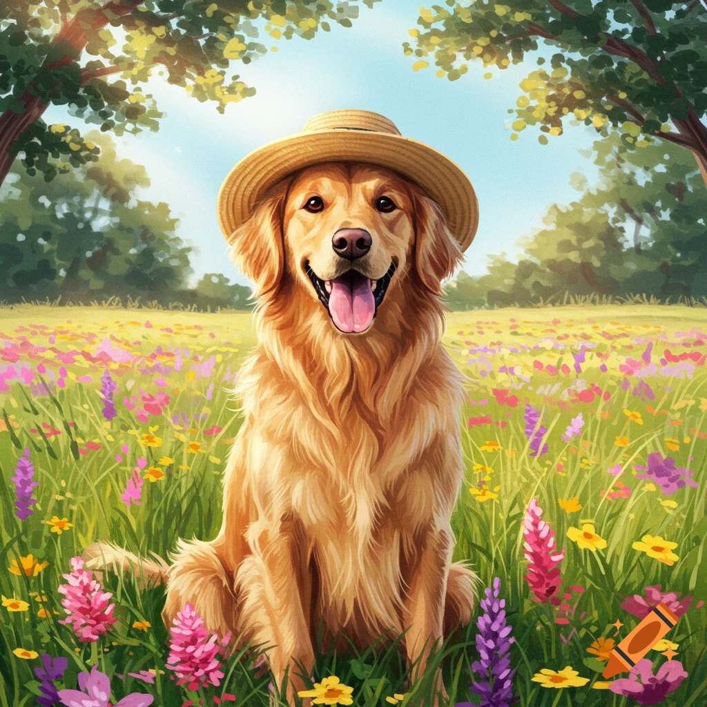 A happy golden retriever wearing a straw hat, sitting in a vibrant field of colorful wildflowers under a sunny sky, digital painting.
