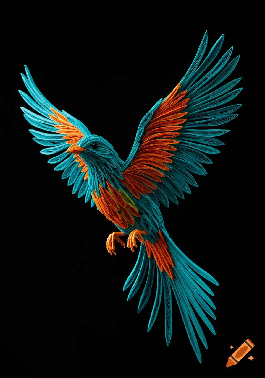 A vibrant paper sculpture of a bird in flight, with teal and orange quilled strips, against a dark background.