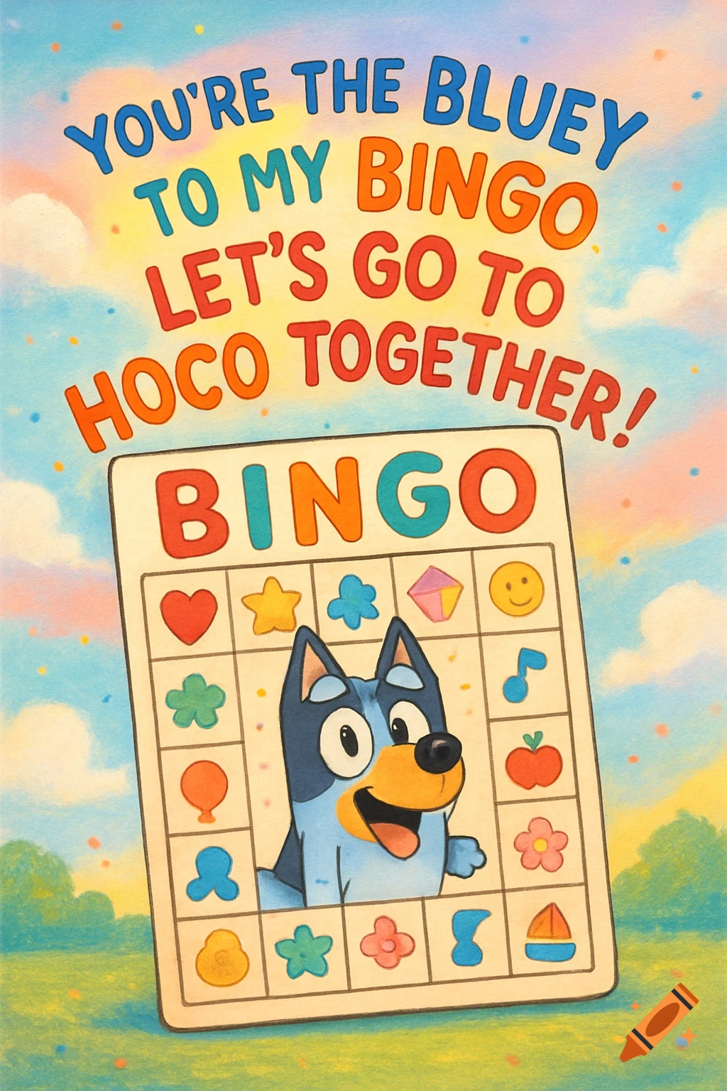 A colorful cartoon poster with Bluey on a bingo card, featuring the text 'YOU'RE THE BLUEY TO MY BINGO LET'S GO TO HOCO TOGETHER!'