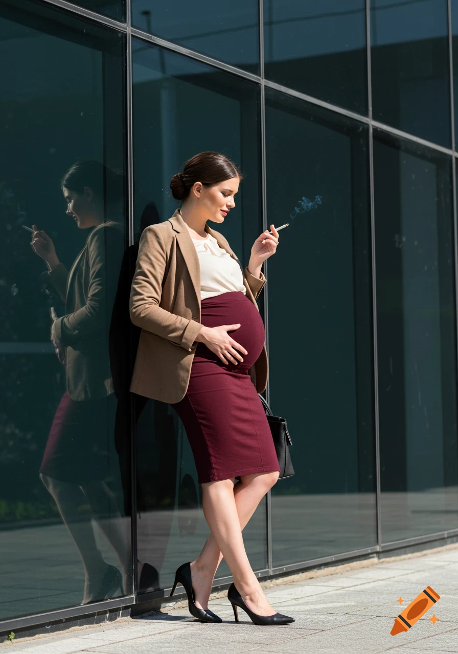 Pregnant businesswoman in professional attire smoking a cigarette, leaning against a modern office building.