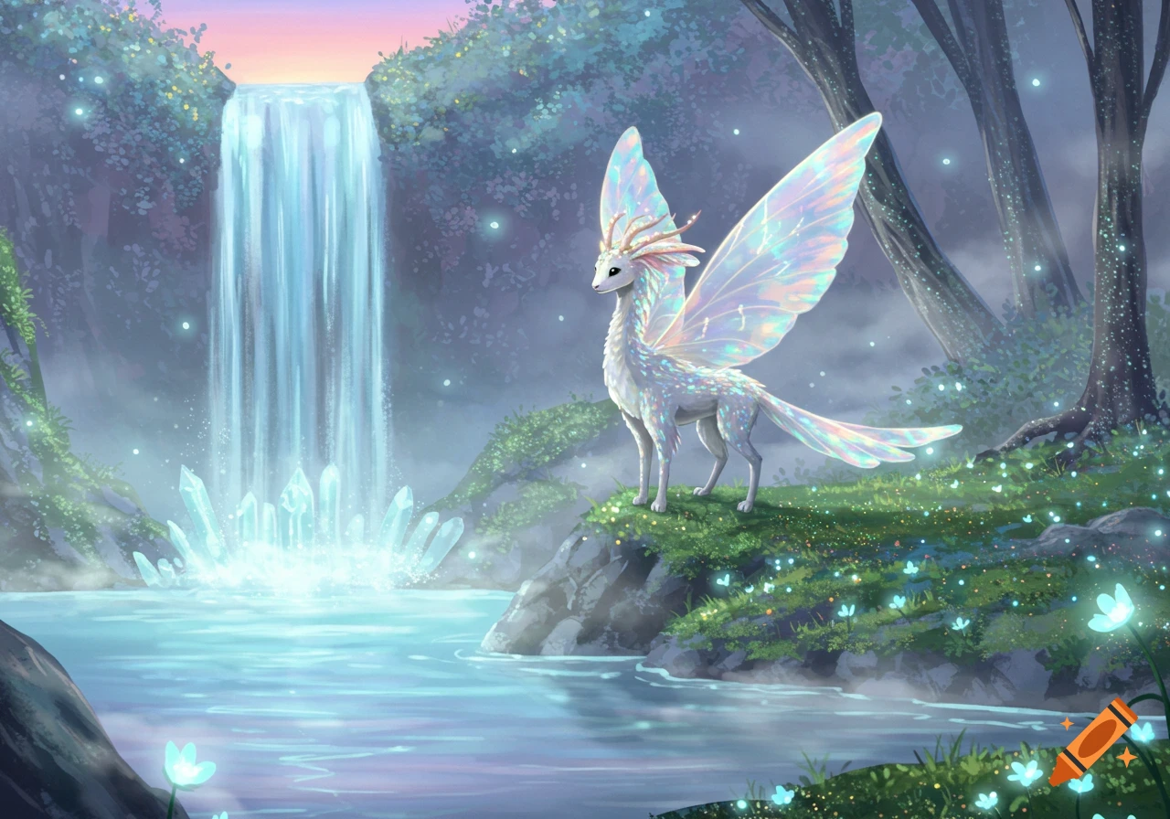 A majestic iridescent winged creature stands by a magical waterfall in a glowing fantasy forest.