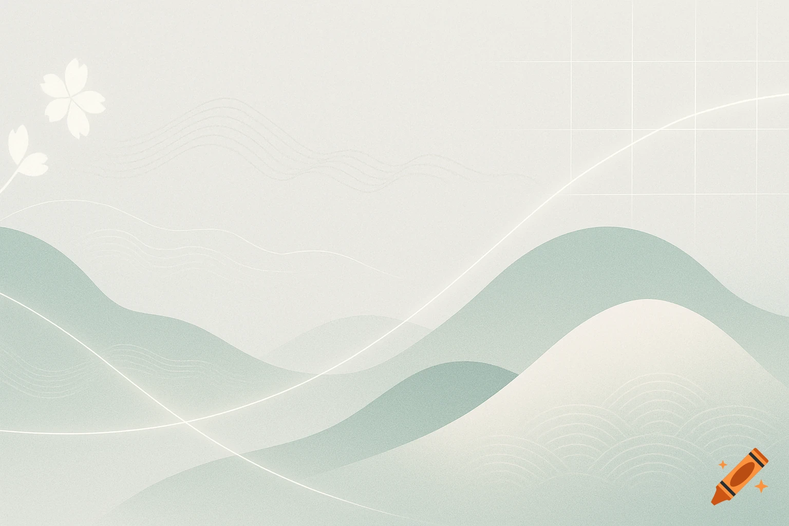 Minimalist abstract background with soft green rolling hills, white glowing lines, a grid, and a subtle white sakura flower.